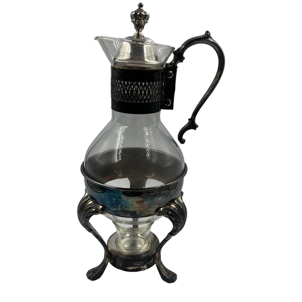 Antique VTG MidCentury Modern Hostess Glass‎ Silverplate Carafe W Warmer Stand